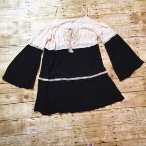 Umgee Boho Cold Shoulder Bell Sleeve Black And White Color Block Dress
